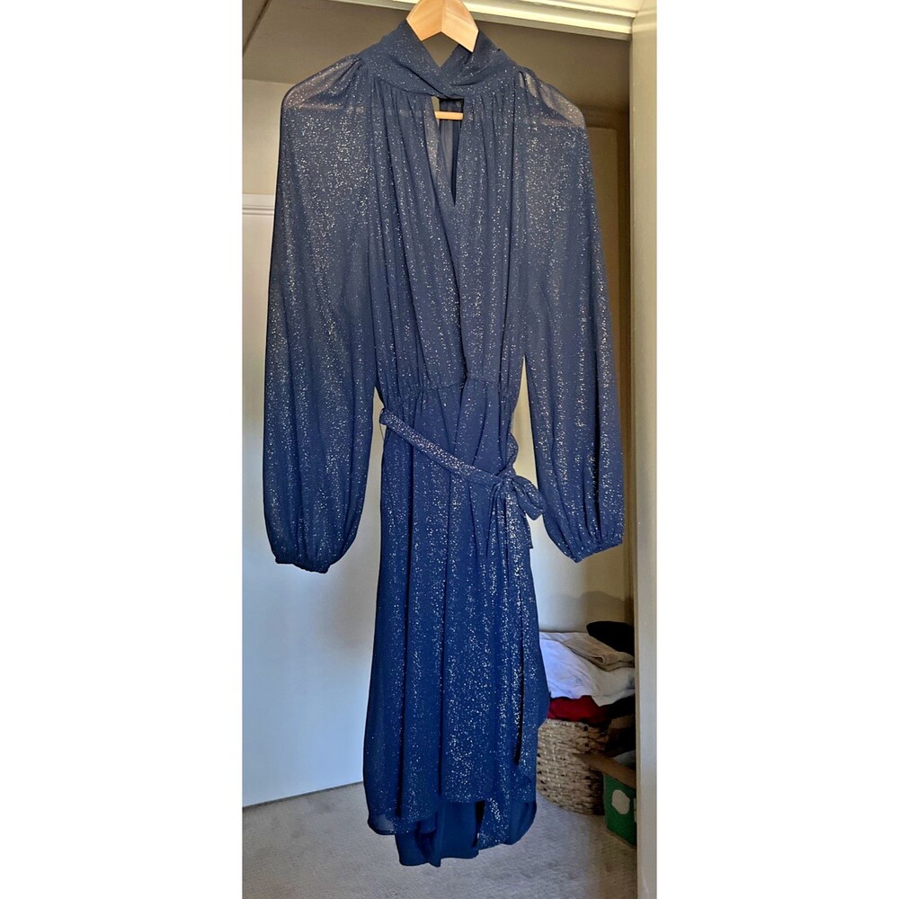 Banana Republic Navy Metallic Shimmer Twist Neck Tie Waist Dress Size XL